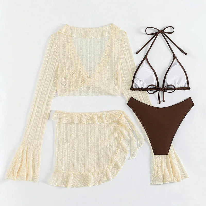 2025 Sexy Four-piece Bathing Wear Long-sleeve Cover-up Swimwear Summer