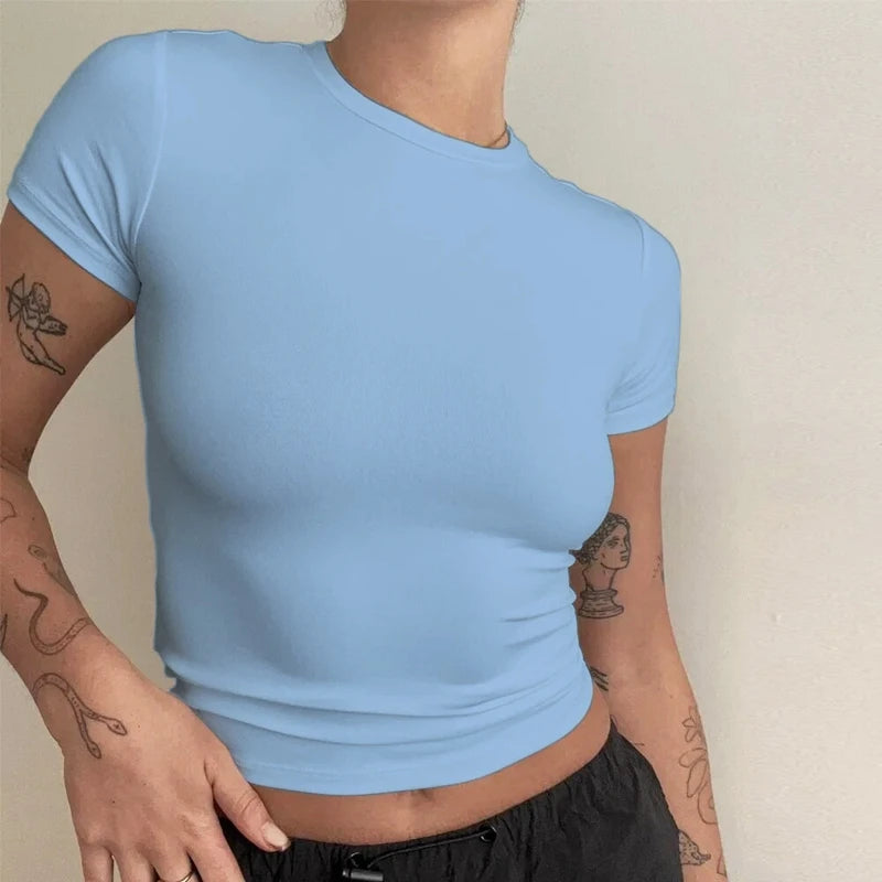 Ropa para mujer Camiseta de manga corta Camiseta ajustada Cuello redondo para mujer